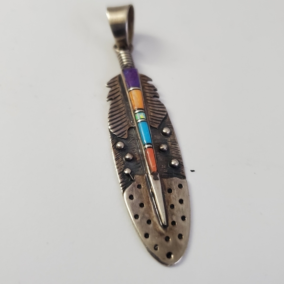 Sterling Silver 925 Turquoise Native American Style Feather Pendant - Picture 6 of 6